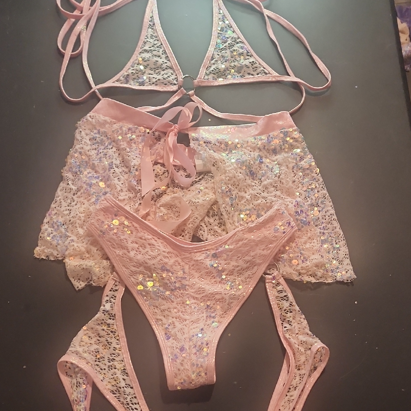 Pink Sequin Lace Bralette & Panty Set With Sheer Skirt